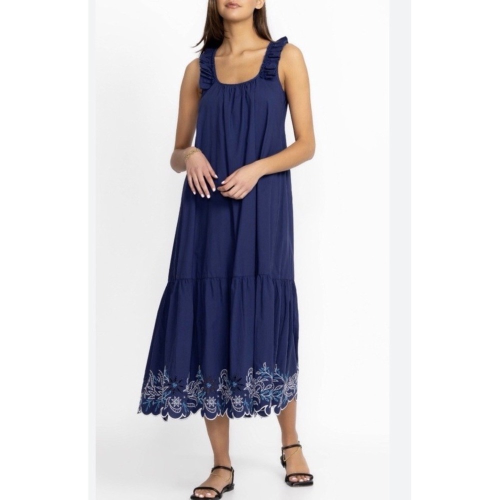 Johnny Was‎ Jade Yoko Eyelet Maxi Dress Blue Size L Embroidering Sleeve Less